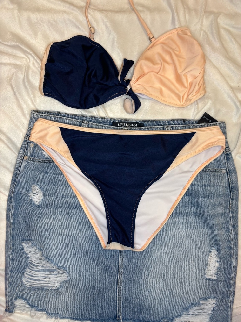 Liverpool Navy & Peach Two-Piece Bikini Set With Denim Mini Skirt
